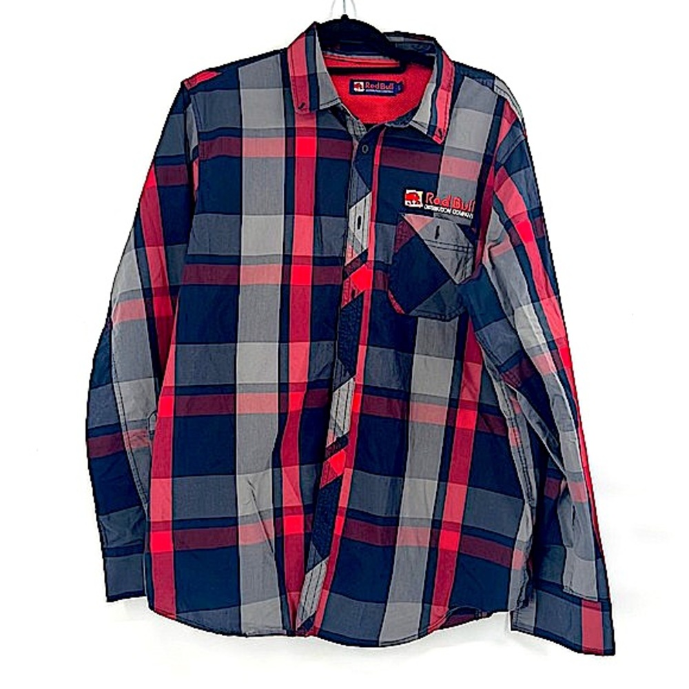 RedBull mens plaid red button up shirt size large western